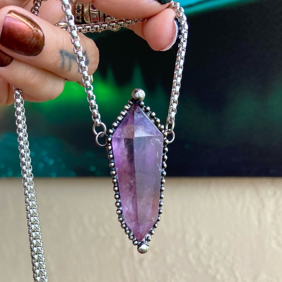 Natural purple amethyst crystal gemstone boho goth moon charm - Picture 5 of 16